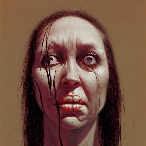 Image similar to Horror portrait of the face of a woman melting, illustrated by James Ryman and Zdzisław Beksiński, in a gloomy and unsettling art style, trending on artstation, artstationHQ, artstationHD, 4k, 8k