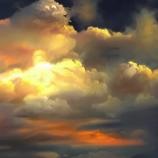 Image similar to clouds, oil painting, volumetric, cinematic lighting, very detailed