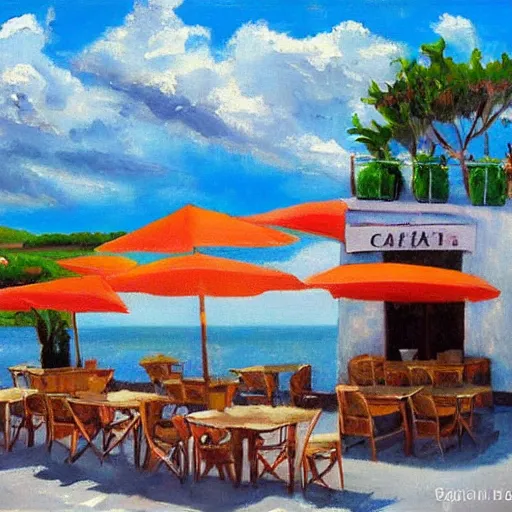 Prompt: small cafe in italy, capri coast, sea, sunny day, summer, clouds on the sky, oil painting style,