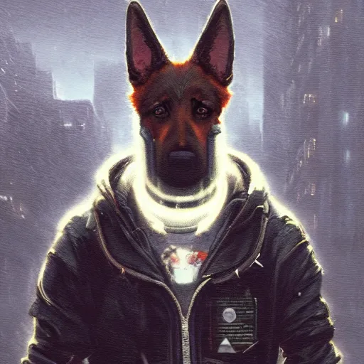 Image similar to new york city portrait of furry anthro anthropomorphic german shepard head animal person fursona wearing clothes strange cybernetic augmentations cyber muzzle gloomy rainy cyberpunk digital art by Greg Rutkowski, Simon Stalenhag, trending on Artstation, CGSociety