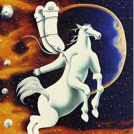 Prompt: a horse on the top, an astronaut on the ground, by dali