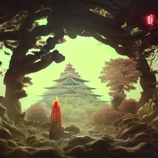 Prompt: 3 d scene of a japanese temple portal modelling goddess close - sakura trees everywhere, woodsman wearing a steampunk and neonpunk mechanical fluorescent mystical animal mask in strange misty mountain landscape. betta fish, jellyfish phoenix, bio luminescent, plasma, ice, water, wind, creature, artwork by tooth wu and wlop and beeple and greg rutkowski