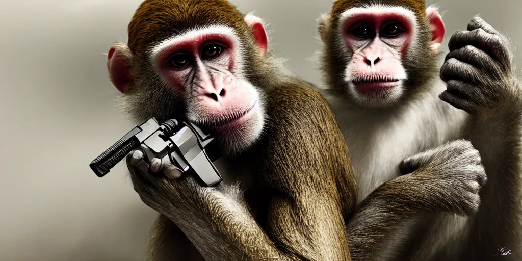 Image similar to monkey holding a gun, hyper-realistic, cool, cinematic, realistic, high detail