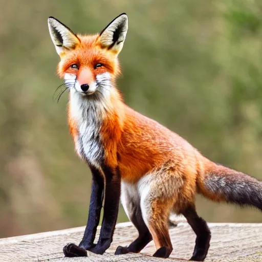 Prompt: a photograph of a digitigrade fox standing upright and dancing, 3 5 mm, dancing!!! upright!!! fox, bokeh