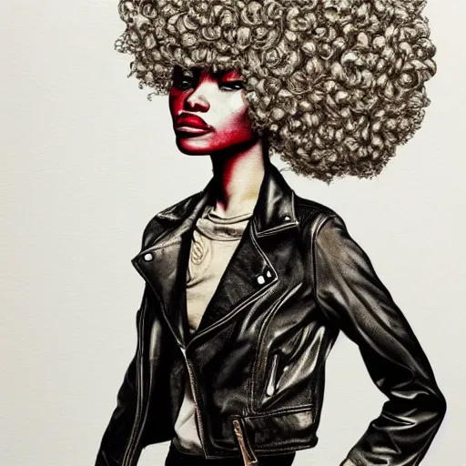 Prompt: james jean artwork of a beautiful girl with an afro and a leather jacket
