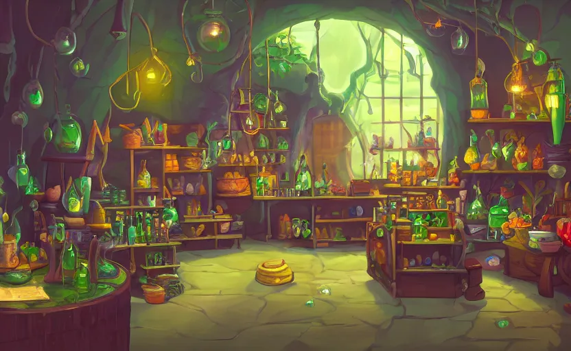 Prompt: interior of a witch's shop, bottles of potions, a large cauldron with bubbles, lush vegetation, a counter with a cash register, artstation, concept art by peter chan, colorful lighting, pixel art