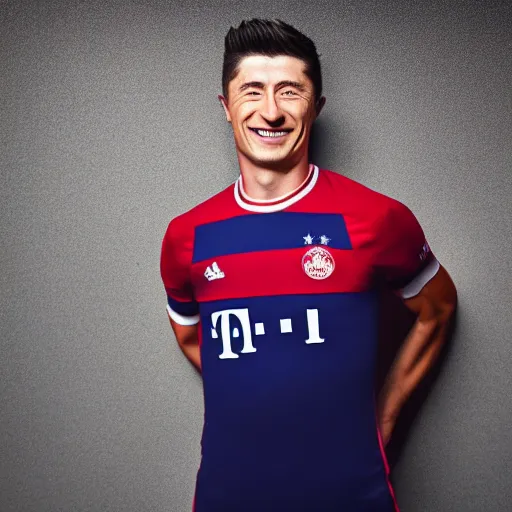 Image similar to Robert Lewandowski smiling while posing for a photo, award winning photography, HDR, studio lighting, dynamic pose, medium close shot, shot on Canon EOS R5, f/2.5,