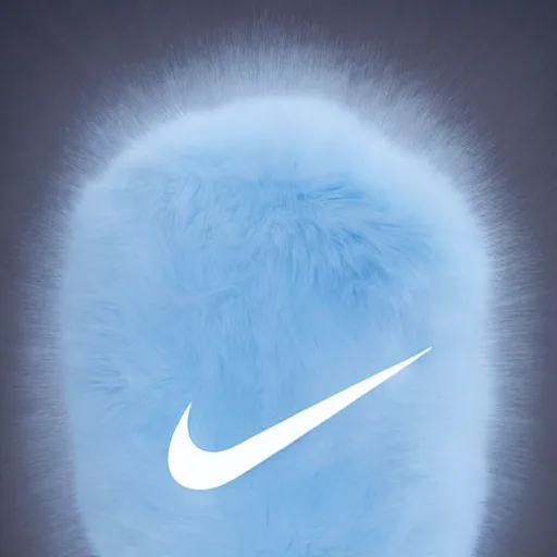 Image similar to nike logo made of very fluffy blue faux fur placed : : on reflective surface, nike logo, professional advertising, overhead lighting, heavy detail, realistic by nate vanhook, mark miner