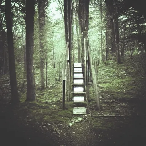 Image similar to “staircase in the middle of the woods, creepy lighting, liminal, photorealistic”