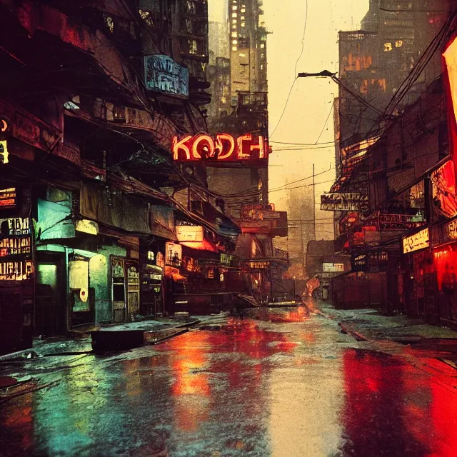 Prompt: kodachrome photograph, saturated photo, 1 9 6 7 dystopian cyberpunk city during a melancholy rainy night