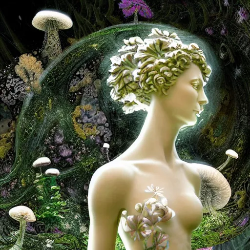 Image similar to an idealistic marble statue with fractal flowery hair in a fractal garden, glowing delicate flower and mushrooms that grow in a dark fatansy forest on the planet Pandora,, symmetrical,