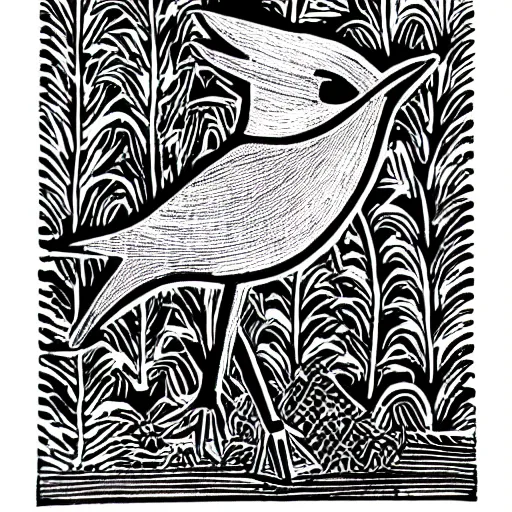 Image similar to block print bird in the style of strawcastle, black ink on white paper