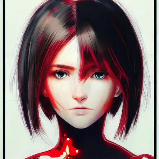 Image similar to A beautiful cyborg woman with big and cute eyes || VERY ANIME, fine-face, red and black robotic parts, realistic shaded perfect face, fine details. Anime. realistic shaded lighting poster by Ilya Kuvshinov katsuhiro otomo ghost-in-the-shell, magali villeneuve, artgerm, Jeremy Lipkin and Michael Garmash, Rob Rey and Kentarõ Miura style, trending on art station