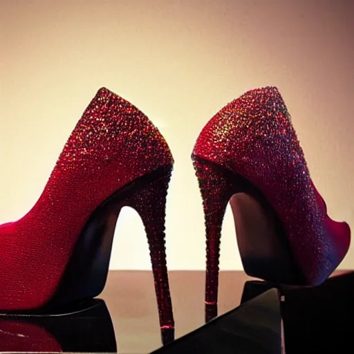 Image similar to High heels, futuristic, red soles, curved, with sparkling gems on top, realistic, showcased on a shelf, high detail, photorealistic, shining