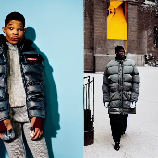 Prompt: realistic photoshooting for a new balenciaga lookbook color film photography portrait of a beautiful woman model, model wears a puffer jacket, photo in style of tyler mitchell, wes anderson, ssense