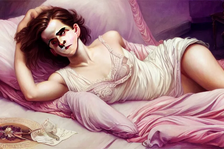 Image similar to Emma Watson lying on the bed in sleepwear, very beautiful face, night time, intricate, elegant, highly details, digital painting, 4k, HDR, artstation, concept art, smooth, sharp focus, illustration, art by Artgerm and Greg Rutkowski and Alphonse Mucha