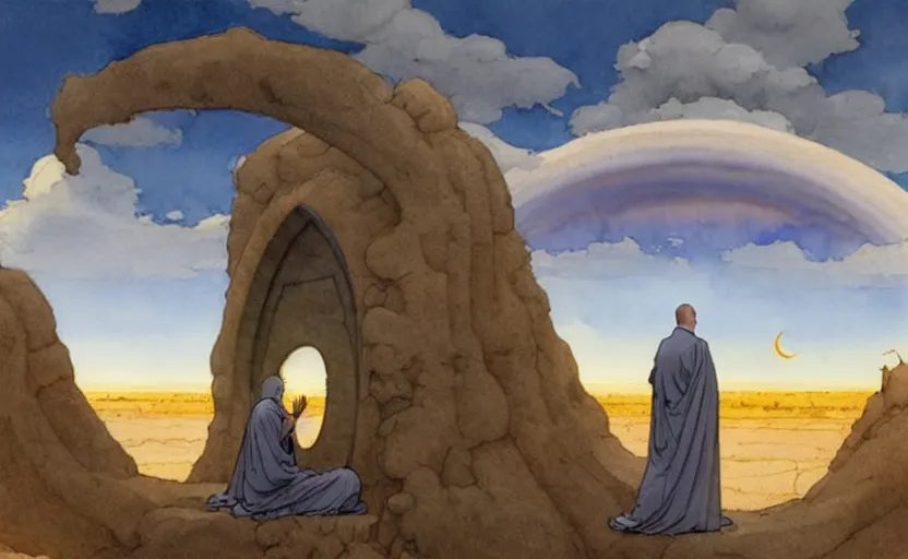 Image similar to a hyperrealist watercolour concept art of a large circular dimensional portal in the sky. a medieval monk in grey robes is kneeling in prayer below it on a desert road. by rebecca guay, michael kaluta, charles vess and jean moebius giraud. high detail, hq, wide shot