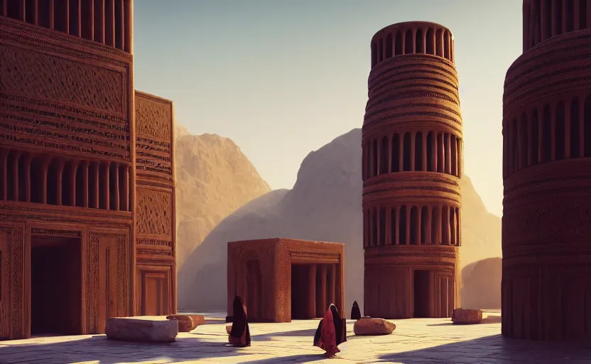 Image similar to exterior shot of utopian ancient persian architecture with cinematic lighting by peter zumthor and renzo piano, darek zabrocki and greg ruthkowski, simon stalenhag, cinematic, holy place, paradise, scifi, futurism, atmospheric, concept art, artstation, trending on artstation