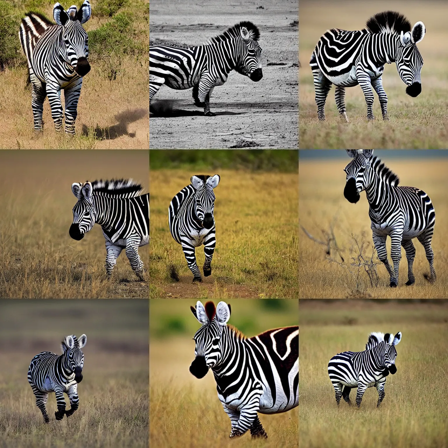 Prompt: a zebra with a face and ears of panda, running in savana, national geographic winning contest photo