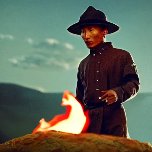 Image similar to cinematic film still Pharrell Williams starring as a Samurai holding fire, Japanese CGI, VFX, 2003, 40mm lens, shallow depth of field,film photography