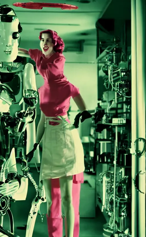 Prompt: A female mad scientist in a darkly lit laboratory constructing a robot suited man, 1950s horror film movie poster style, saturated pink and green lighting