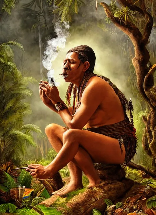 Image similar to a beautiful portrait of an indigenous man sitting in the jungle, surrounded by smoke, smoking a pipe, praying with tobacco, mysterious atmosphere, fantasy art, matte painting, highly detailed