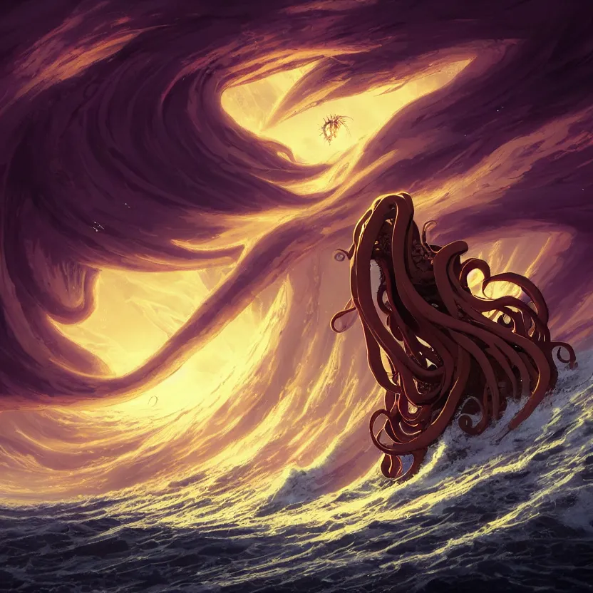 Image similar to treasure planet, giant octopus monster in a stormy sea with huge waves, huge tentacles, clouds, stars, rings, beautiful lighting, vivid colors, intricate, elegant, smooth, concept art, cinematic, unreal engine, wallpaper, by syd mead, terada katsuya, atey ghailan, svetlin velinov, makoto shinkai art style