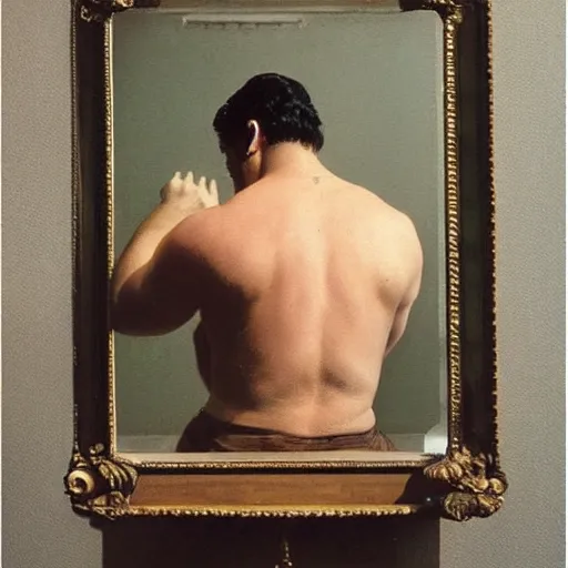 Prompt: a man looking in a mirror, frank frazetta