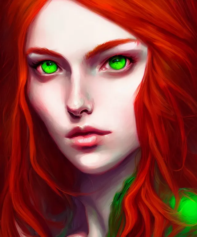 Prompt: Fae teenage girl, portrait, face, long red hair, green highlights, fantasy, intricate, elegant, highly detailed, digital painting, artstation, concept art, smooth, sharp focus, illustration