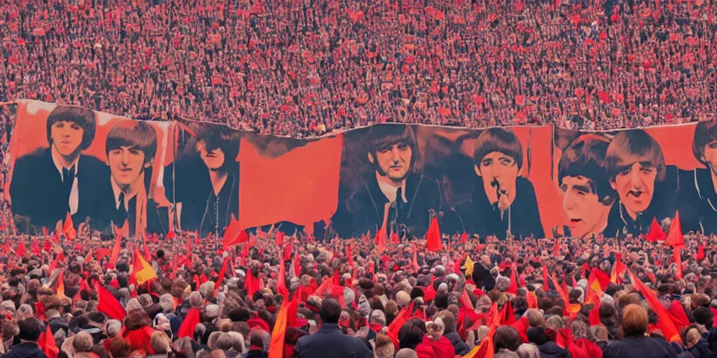 Prompt: documentary close portrait photo of The Beatles on scene live performance in Moscow at in honor of the anniversary of the Great October communist Revolution at stadium, banners with lenin, colorful photo, wide angle, 4k resolution, cinematic