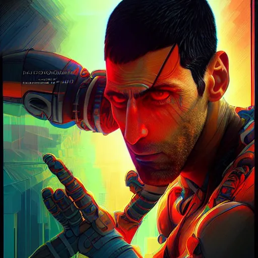 Image similar to a beautiful digital artwork of a cyborg novak djokovic by artgerm, tooth wu, dan mumford, beeple, wlop, rossdraws, james jean, marc simonetti. intricate, epic lighting, cinematic composition, hyper realistic, 8 k resolution, unreal engine 5