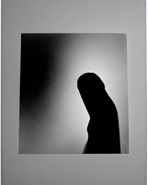 Prompt: photorealism, polaroid, black and white, female silhouette, correct facial features, black veil, noise, out of focus, long exposure