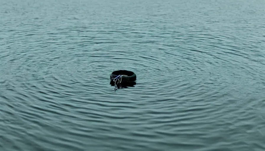 Image similar to photograph of a centered rope floating on the surface of the water, the rope is snaking towards the center of the lake, a dark lake on a cloudy day, anamorphic lens, kodak color film stock