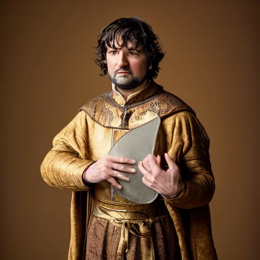 Image similar to richard iv the roman king, real human wearing cashmere shirt, soft studio lighting, sigma lens photo, he is holding something soft