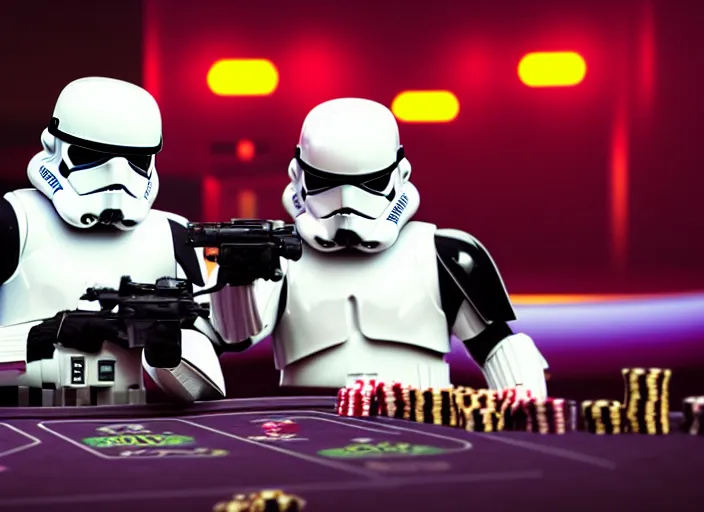 Prompt: a photo of two stormtroopers playing roulette in las vegas casino, ultra wide shot, 2 4 mm, bokeh, blurred background, colorful lights, golden ratio, sci fi, fantasy, cyberpunk, intricate, decadent, highly detailed, digital painting, octane render, artstation, concept art, smooth, sharp focus, illustration, art by loish, wlop