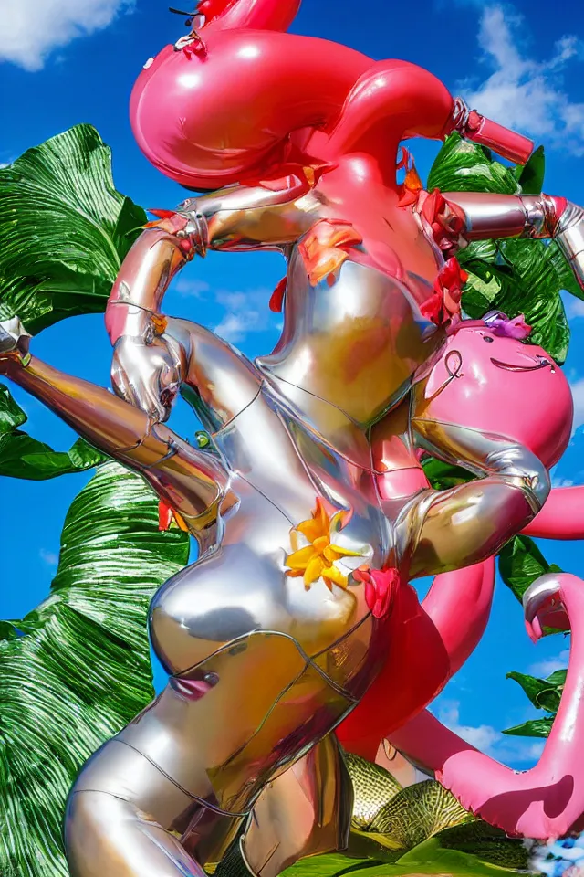 Prompt: an extreme close - up of a statue chrome cyborg lycra nymph battling a giant inflatable flamingo pool float, tropical flowers and monstera plants, explosions thick smoke, by jeff koons, hajime soryama, boris vallejo, artgerm, greg rutkowski, alphonse mucha