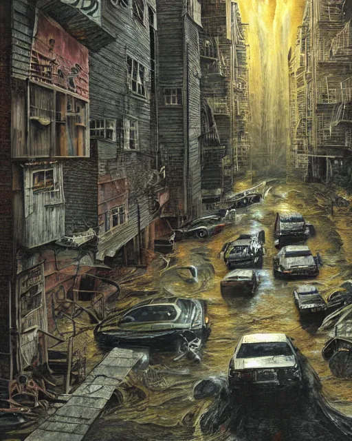 Prompt: illustration from the 2 0 0 0 s supernatural thriller set in halifax'the overflow ', a high quality high detail painting by david mattingly and samuel araya and dave mckean and richard corben, hd 4 k 8 k, realistic hyperdetailed scene painting, photorealistic lighting, urban horror aesthetic, composition and scene layout inspired by gregory crewdson and kyle thompson.