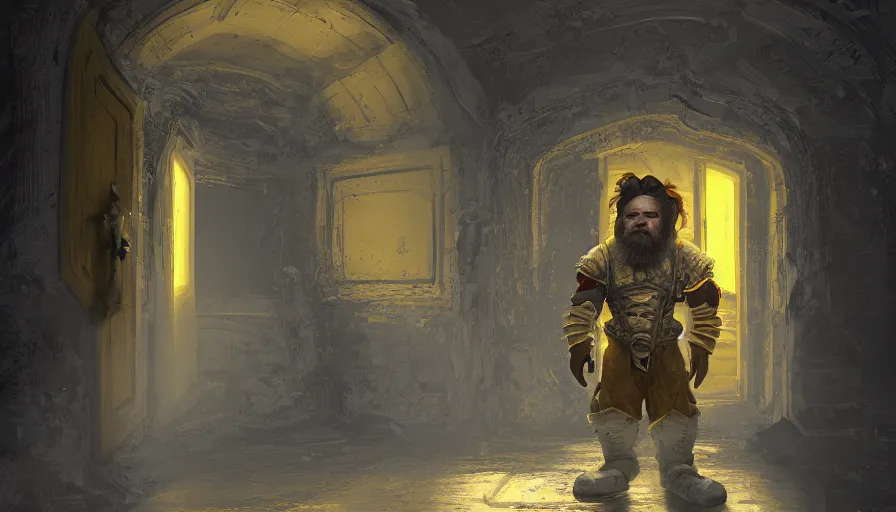 Image similar to real picture of a dwarf in the backrooms, door in the horizon, yellow walls, white floor, hyperdetailed, artstation, cgsociety, 8 k