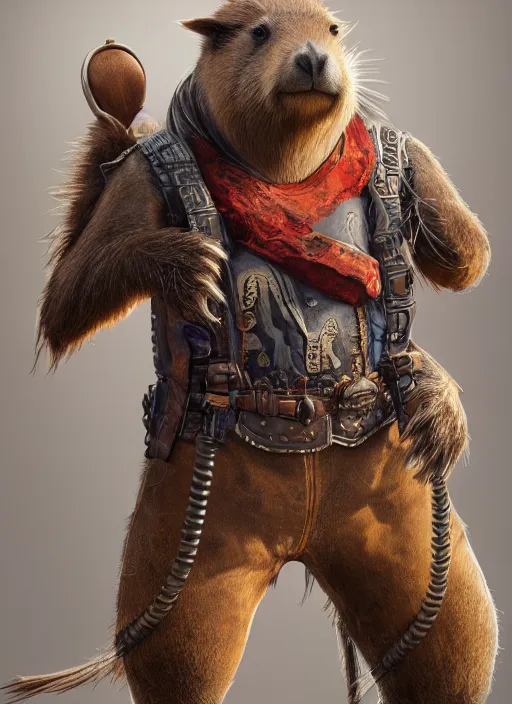 Image similar to detailed full body concept art illustration oil painting of an anthropomorphic capybara cowboy in full intricate clothing, biomutant, ultra detailed, digital art, octane render