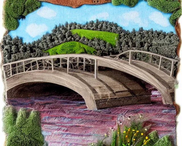 Prompt: detailed bridge with unexpected fabric elements. 8 x 1 6 k hd mixed media 3 d collage in the style of a childbook illustration in soft natural tones. matte background no frame hd