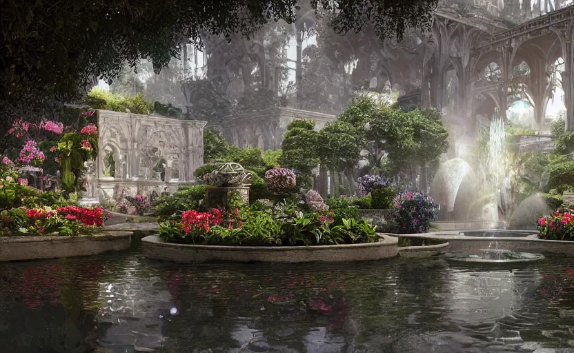 Image similar to A beautiful garden, next to a fountain and a mystical palace, hyperrealistic mixed media, stunning 3d render inspired art by P. Craig Russell and Barry Windsor-Smith + perfect facial symmetry + dim volumetric lighting, 8k octane beautifully detailed render, post-processing, extremely hyperdetailed, intricate futuristic mechanic parts, epic composition, grim yet sparkling atmosphere, cinematic lighting + masterpiece, trending on artstation