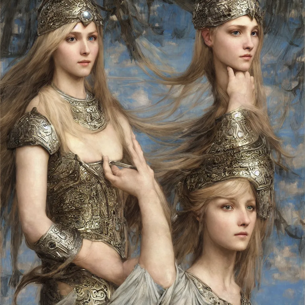 Image similar to armored beautiful pale platinum - blonde young woman with light blue eyes, soft gaze, a golden round halo around her head, wearing a fine decorated silver breastplate, painted by john william waterhouse : : 0. 5, epic fantasy, masterpiece, portrait, fine art, digital art, detailed, ultra - hd, cinematic, volumetric, intricate
