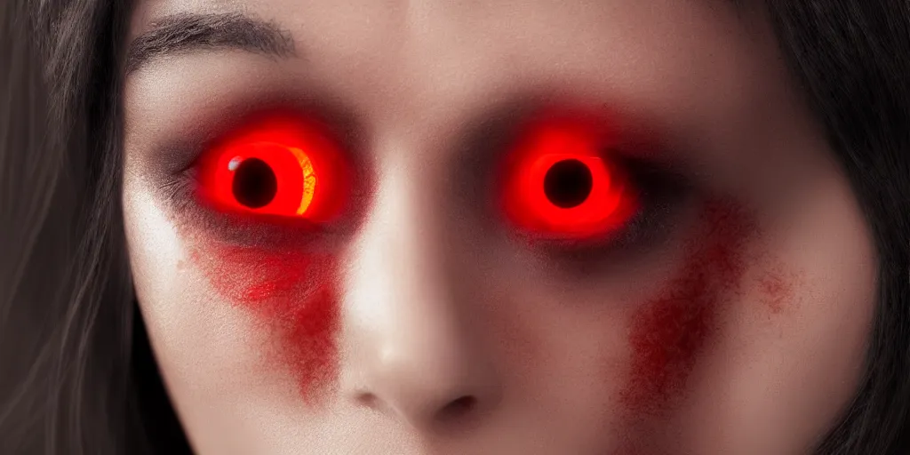 Prompt: realistic portrait of a witch woman with glowing red eyes, detailed, ultra realistic, 8 k