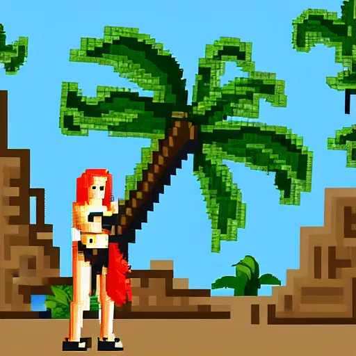 Image similar to pixel art, 32-bit pixel art, barbarian girl, electrified hair, prehistoric fantasy, palm trees