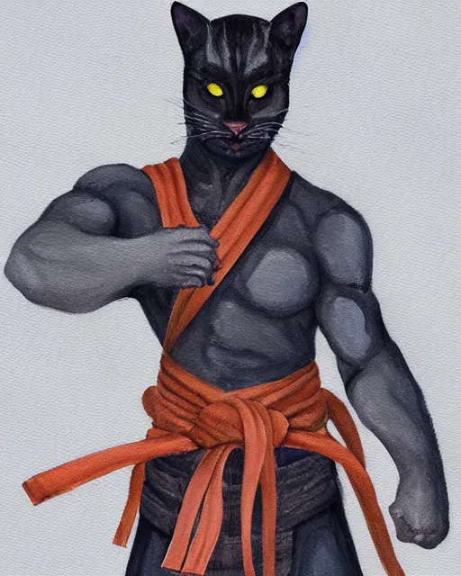 Image similar to a oil / watercolor painting full body character portrait of an anthromorphic cat martial artist / ninja in the style of moebius in the style of leonard boyarsky trending on artstation deviantart pinterest detailed photorealistic highlights and shadow hd 8 k post - processing high resolution