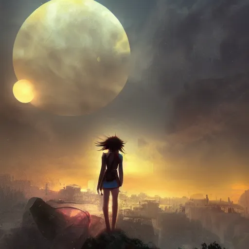 Prompt: A beautiful picture of a suicidal girl against the background of ruins of a destroyed city and a yellow -red moon, artstation, extremely detailed, stunning volumetric lighting, hyper realism, fantasy 4k