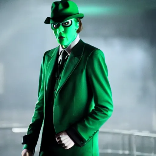 Image similar to film still of Paul Dano as Riddler in a green suit and tie and green fedora in The Batman, 4k, dark lighting, film noir, grainy, dark tone