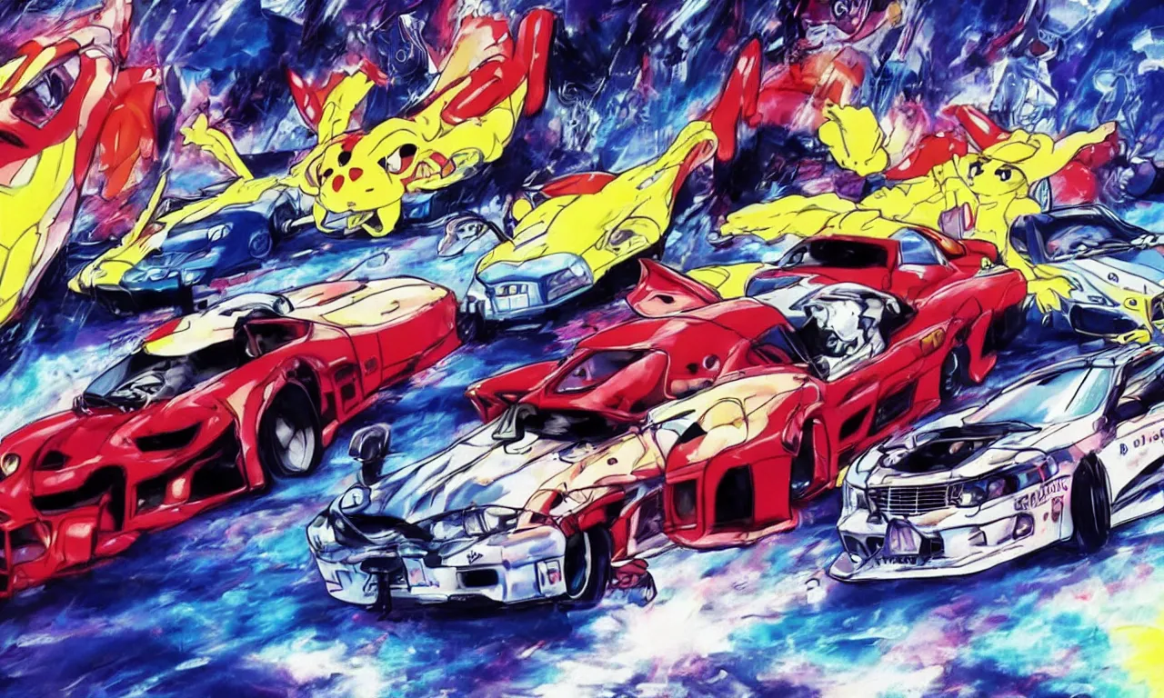 Prompt: blurry photograph of 9 0 s need for speed street racer car in the style of a neon genesis evangelion eva - 0 2, convertible car being driven cuddling a togepi rilakkuma