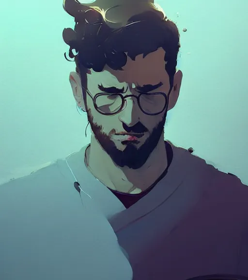 Image similar to portrait of a researcher, brooding look, paper folder in hand, disheveled hair, by atey ghailan, by greg rutkowski, by greg tocchini, by james gilleard, by joe fenton, by kaethe butcher, dynamic lighting, gradient light blue, brown, blonde cream and white color scheme, grunge aesthetic