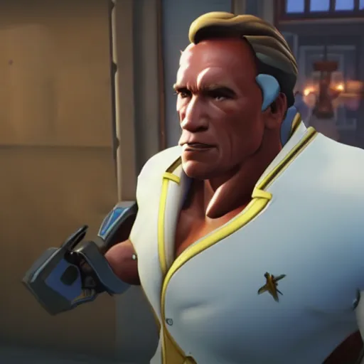 Image similar to a screenshot of arnold schwarzenegger as mercy in overwatch